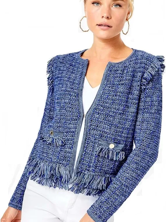Lilly Pulitzer Simora Fringe Tweed Cardigan - Blue - Image 2