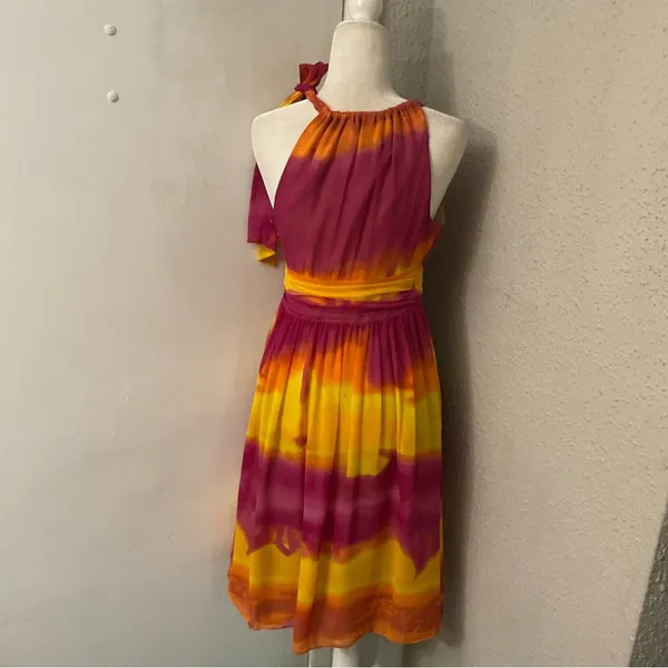 Express Silk Sunburst Tie Dye Shoulder Dress 4 Dopamine Rainbowcore Barbie Boho - Image 2