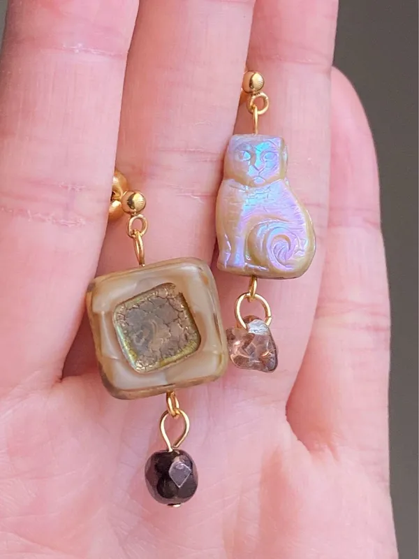 Handmade unique retro vintage fairy boho style dangle earrings w/ quality Czech glass beads mix 🌀🍃💛 - Image 4