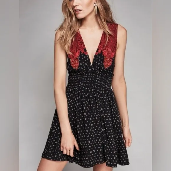 Free People Walking Through My Dreams Mini Dress Women’s Medium Black/Red Floral - Image 2