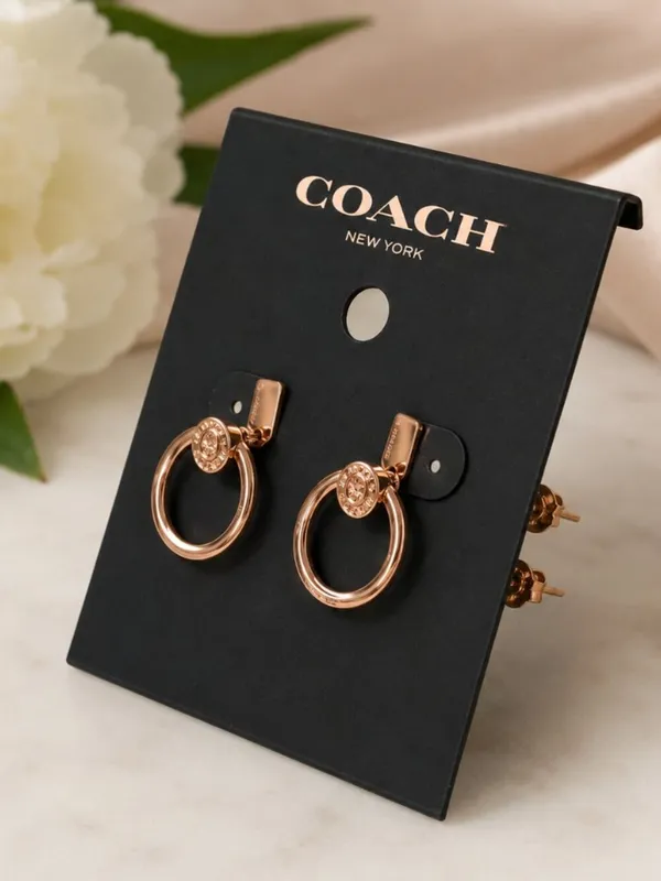 Coach Rose Gold Crystal Signature Logo Circle Hoop Earrings NWT - Image 3