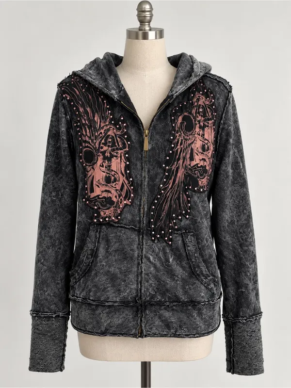Deceiver Graphic Zip Hoodie Sweater L Black Distressed Y2K Gothic Grunge - Image 2