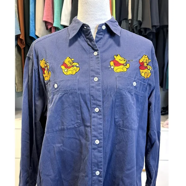Vintage Disney Winnie The Pooh Denim Long Sleeve Button Down Embroidered M - Image 2