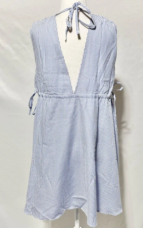 New ASOS Seersucker Plunge V-Neck Tie Waist Mini Sundress Blue White Size 4 - Image 13