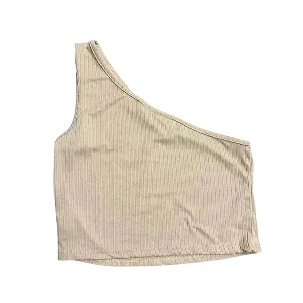 Brit & Bri‎ Tan Ribbed One Shoulder Crop Top Beige Rib Knit Sleeveless Shirt - Image 4