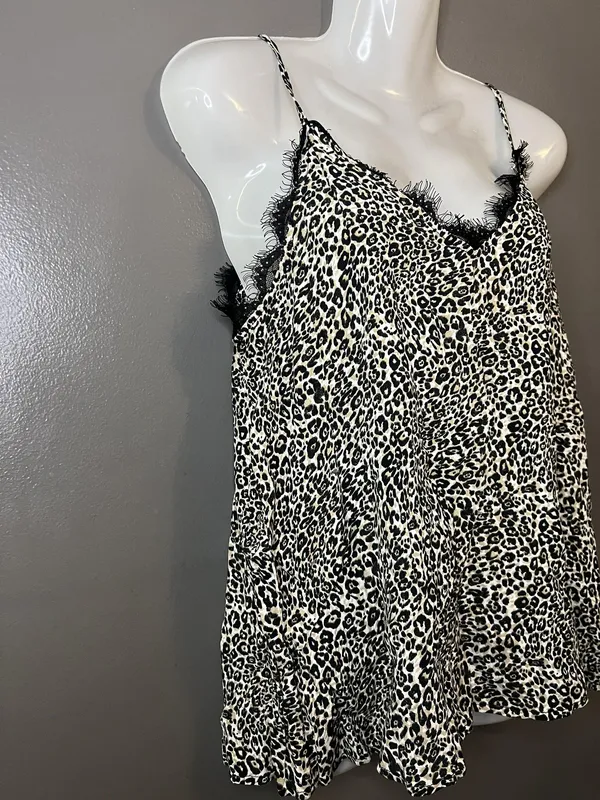 Mi Ami Tank Top Womens Small Black White Leopard Print Lace Cami Shirt - Image 2