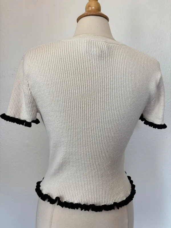 Industry Cream Ribbed Short Sleeve Top with Black Ruffle Trim - Image 4
