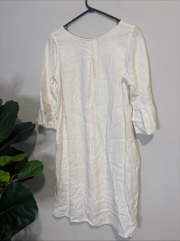 Cream linen Mini Dress with Ruffle 3/4 Sleeves - Image 5