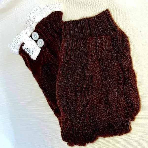 Boot Socks Brown and Cream Cozy Soft & Warm with Ruffle & Button Detail - Image 2