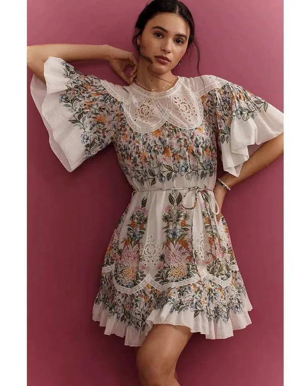 Farm Rio Sweet Bloom Dress Small Mini Bouquet Short Sleeve Eyelet Lace Garden - Image 2