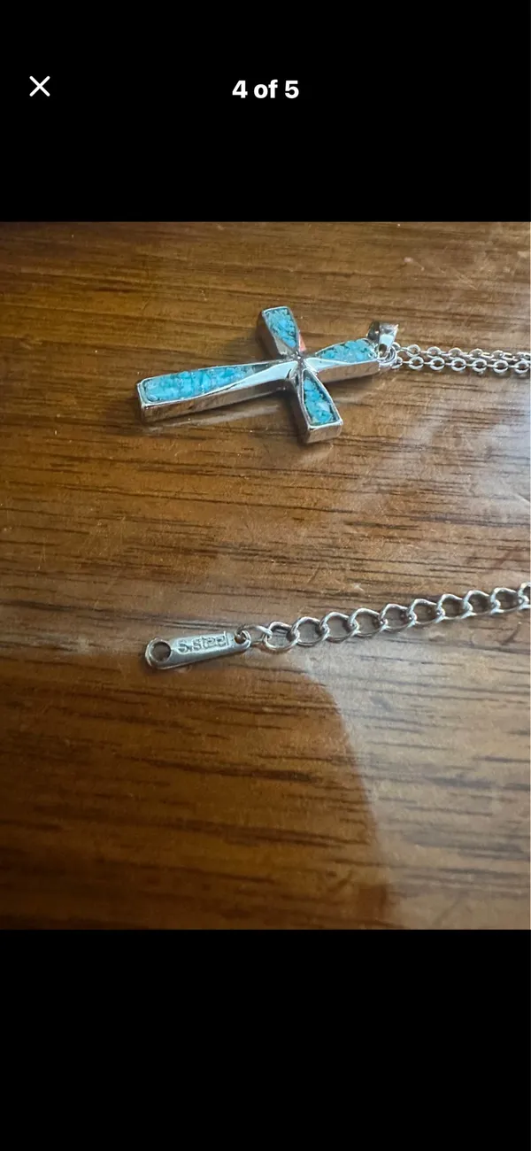 Stainless Steel & Turquoise Cross 16 inch Necklace - Image 4