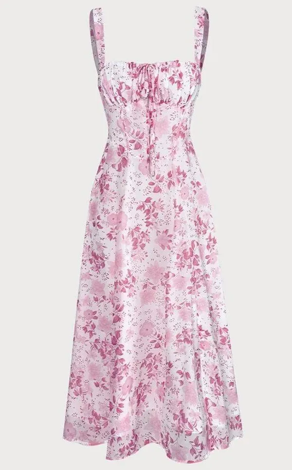 RIHOAS The Pink Square Neck Floral Ruched Midi Dress 15 - Image 6