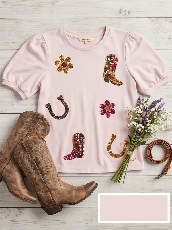 Mesh + Love Pink Sequin Western Puff Sleeve Top NWT Small - Image 2
