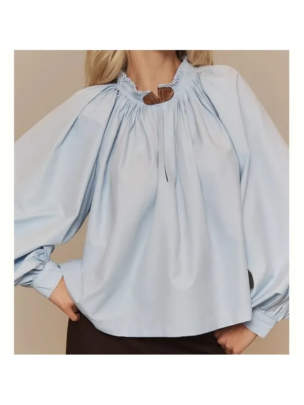 Maeve Anthropologie Pleated Trapeze Blouse Puff Sleeve Light Blue Women’s Small - Image 2