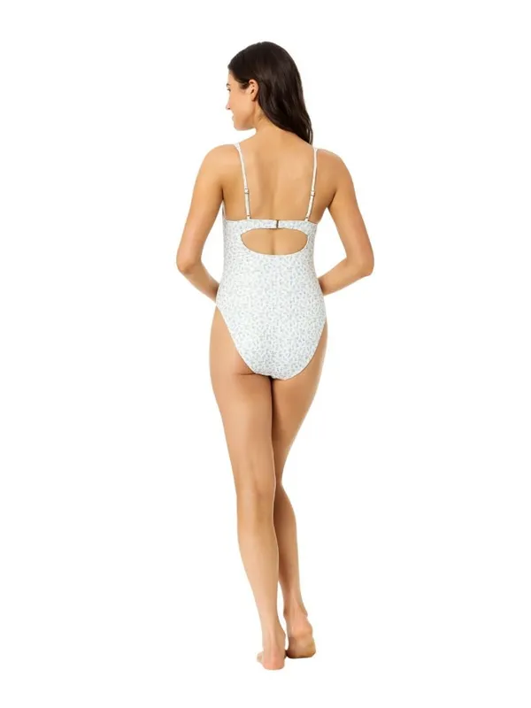 NWT California Waves Ditsy Wide Rib Tunneled One-Piece Swimsuit Blue Combo M - Image 5