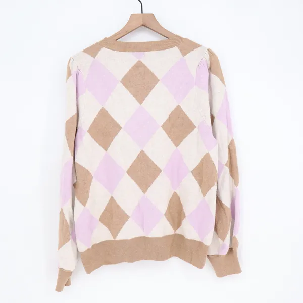 LOFT Sweater Womens XL Argyle Puff Sleeve Tan Purple Cream Knit Excellent - Image 4