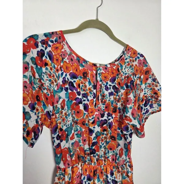 Colorful Floral Midi Dress Tiered Tropical Abstract Artsy Farmers Market Picnic - Image 5
