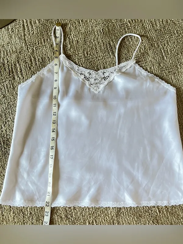 Vintage body chic White Lace Trim bejeweled pearl detail Satin Camisole - Image 6