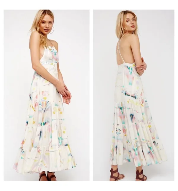 Free People Sounds Of Spring Maxi Dress Size 6 Ivory Watercolor Bib Overall - Image 2