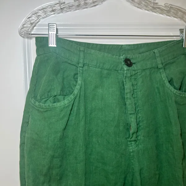 Zara Green Linen Wide Leg Pants High Waisted Frayed Hem Trousers Medium breezy - Image 2