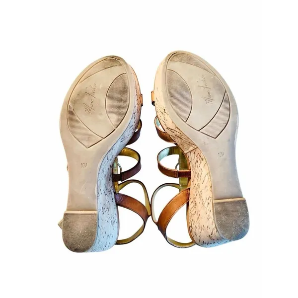 Marc Fisher Genny Brown‎ Leather Strappy Wedge Sandals Gold Metallic Details 10M - Image 5