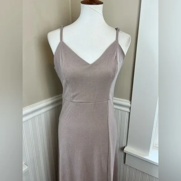 Birdy Grey Jay Crepe Maxi Dress Taupe V-Neck Side Slit Size Medium Bridesmaid - Image 8