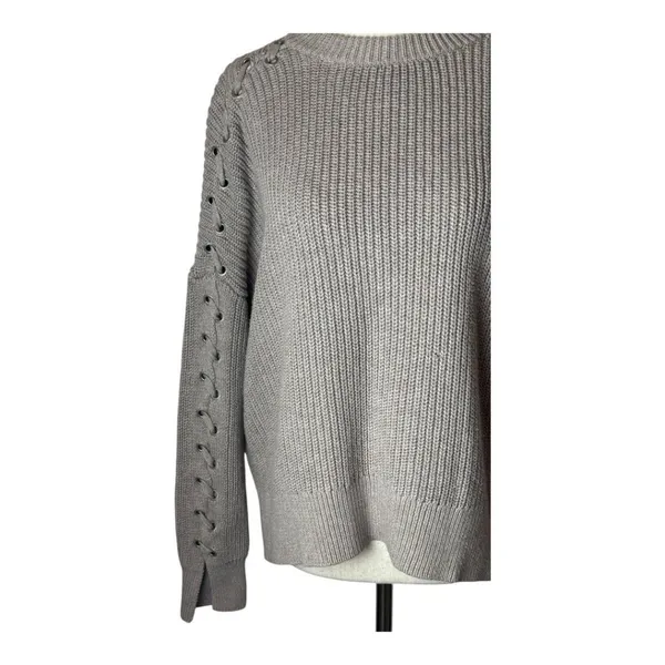 AllSaints Sweater Women XS Tan Crew Neck Cotton‎ Knit Aria Laced Short Jumper - Image 8