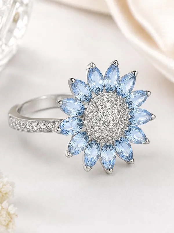 Sunflower Statement Ring Blue CZ Crystal Petals Silver Tone Size 8 NWT - Image 3