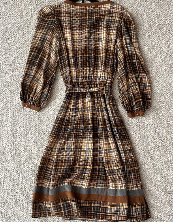 Vintage Silk Brown Checkered Dress Size 6 - Image 3