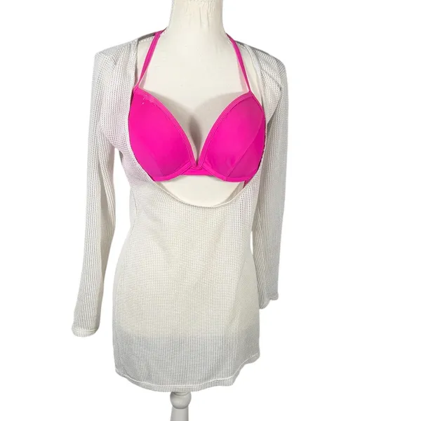 Mesh Swim Cover Up Womens Large Cream Deep Scoop Open Back Beach Dress - Image 10