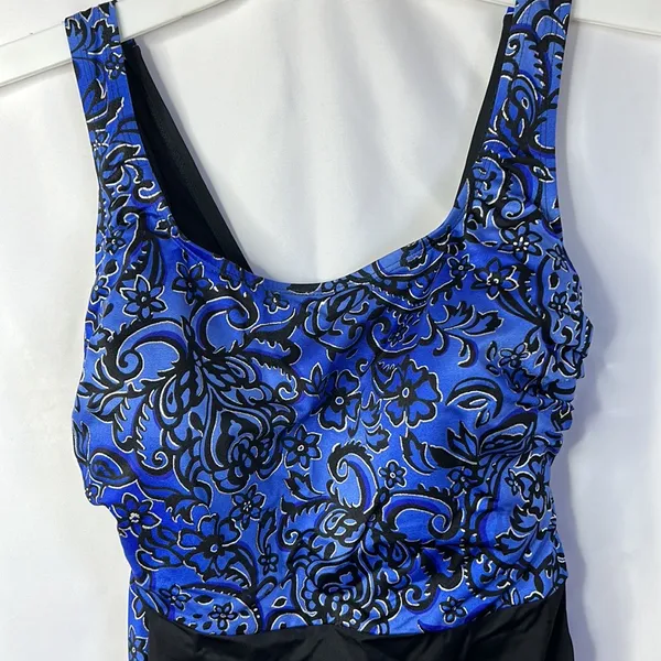Studio Works Black blue Pleated Front Built-in Bra 1 Pcs Swimsuit SZ 16W - Image 4
