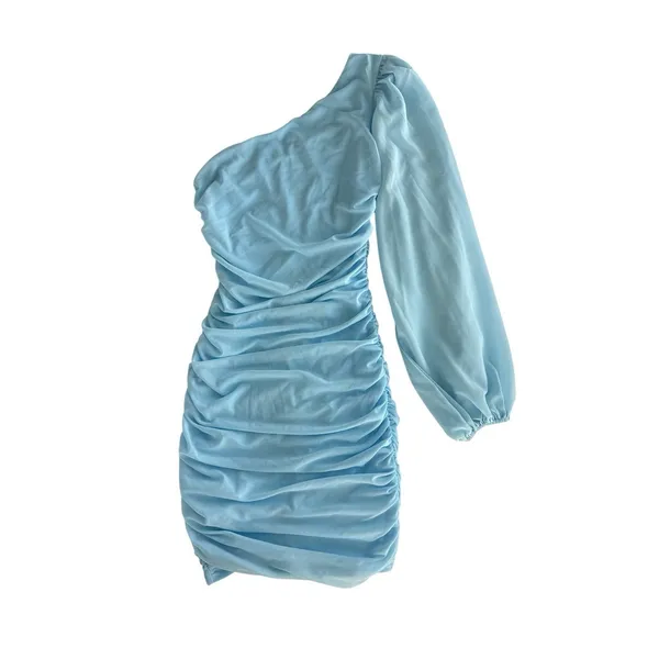 Hello Molly Party It Up One Shoulder Dress Ruched Mini Dress Size Small‎ 4 Blue - Image 3
