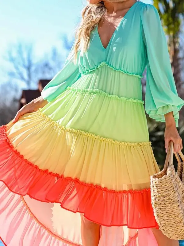 Champagne & Strawberry Multicolor Gradient High Low Long Sleeve Midi Dress Large - Image 3