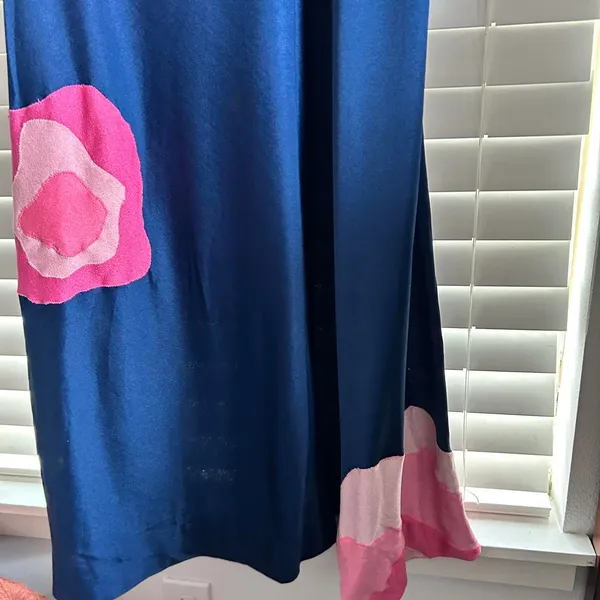 Vintage 70s Giorgio di Sant’Angelo Blue Pink Satin Floral Appliqué Maxi Dress S - Image 5