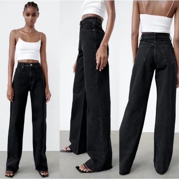 Zara High Rise Waisted Wide Leg‎ Raw Hem Black Denim Jeans Women's Size 14 - Image 2
