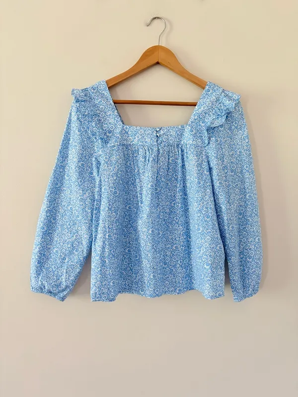 J Crew Factory Squareneck ruffle top puff sleeve blue cornflower white size S - Image 12