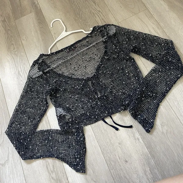 Edikted Crochet Cardigan idra open knit womens Navy Blue (xsmall) festival y2k - Image 4
