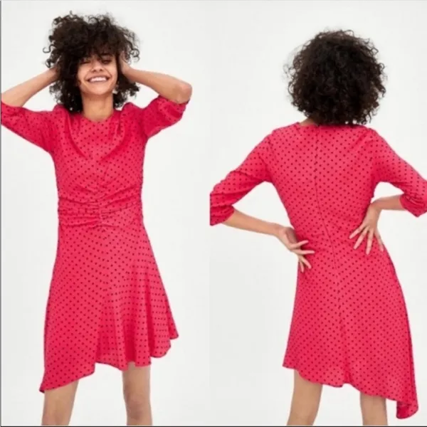 Zara Hot Pink Ruched Polka Dot Dress Fuchsia Black NWOT Small - Image 3