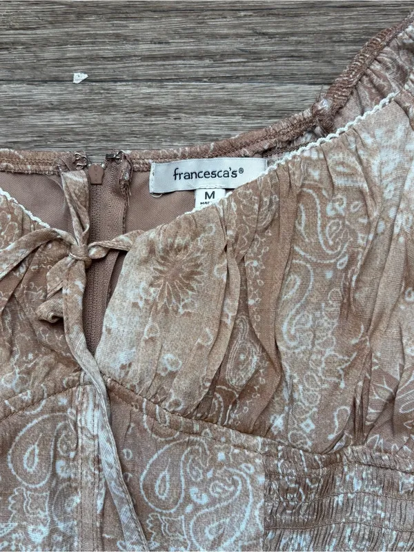 Francesca's Collections Beige Paisley Tiered Ruffle Midi Dress Cottagecore Boho - Image 5