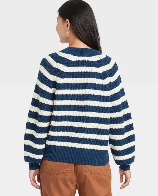 A New Day Blue & White Striped V-neck Knitted Nautical Baggy Sweater - Image 2
