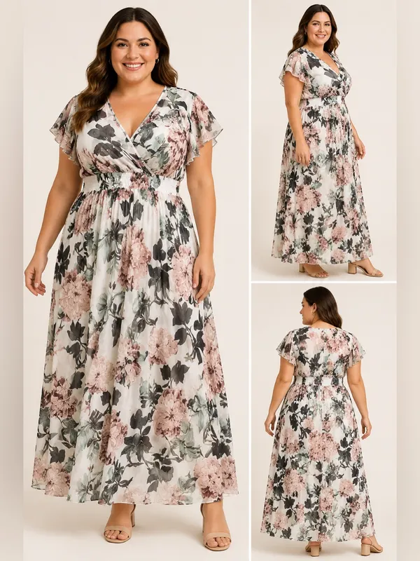 Alexa B Nites Floral Chiffon Maxi Dress Size 14W Wrap V Neck Flutter Sleeve - Image 2