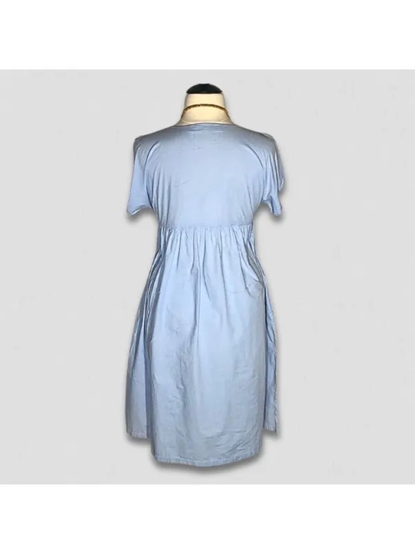 Vintage 90s Midi Dress Floral Embroidery blue Cotton milkmaid peasant Ren fair L - Image 2