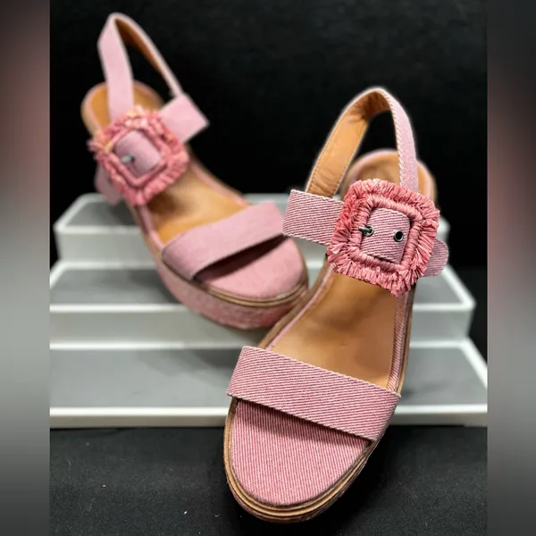 Lucky‎ Brand Yidris Platform Espadrille Heels Sandals Pink Size 9M Straw Buckle - Image 5