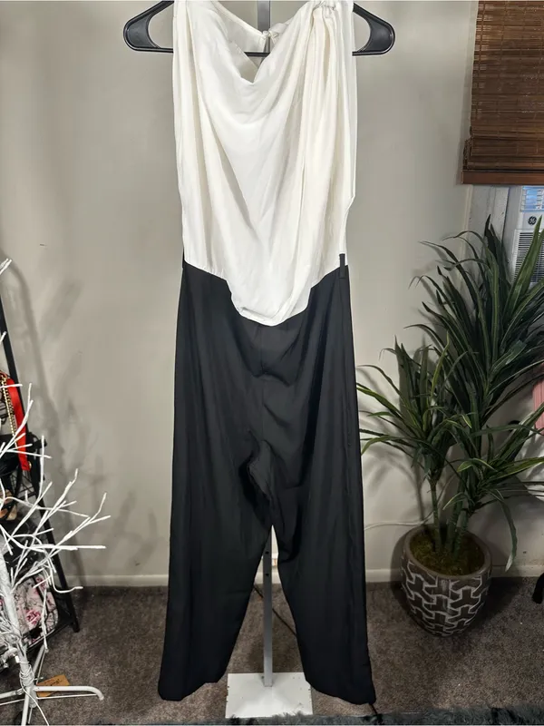 B114. Glam Los Angeles Two-Tone White and Black Draped Jumpsuit - Image 2