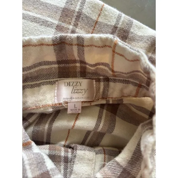 Dizzy Lizzy Plaid Flannel Button Down Shirt Large Cream - Image 2