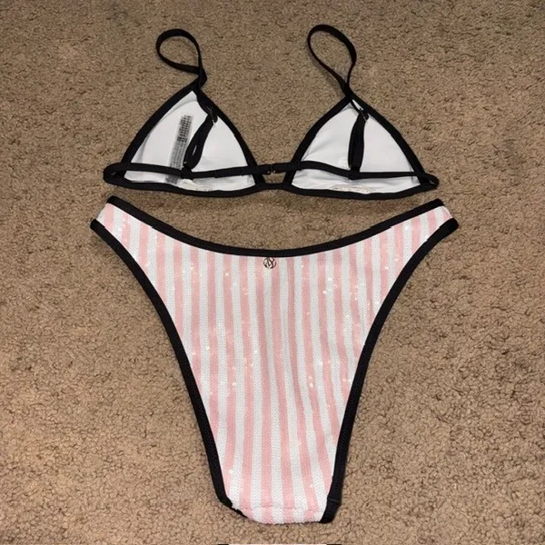 Victoria's Secret Heritage Stripe Sequin Two Piece Bikini Brazilian Pink White S - Image 4