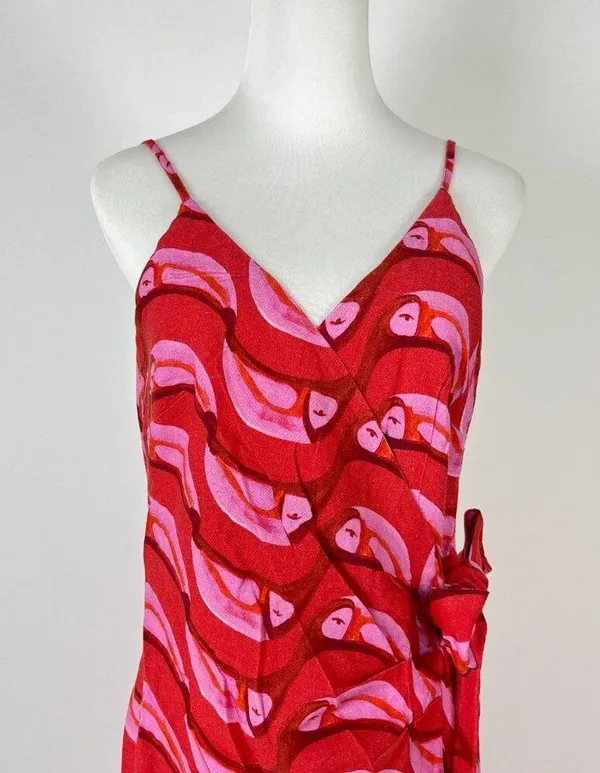NWT Farm Rio Linen blend Copabanana Wrap Mini Dress Red Pink Size S - Image 7