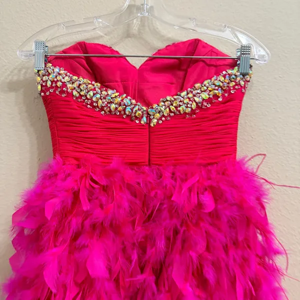 Mac Duggal Hot Pink Feather Mini Dress Beaded Sequin Strapless Prom Party Size 0 - Image 5