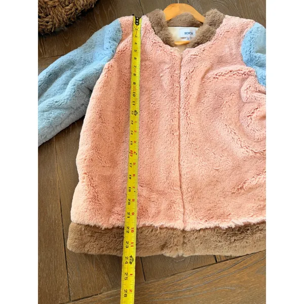 KOCH Faux Fur Colorblock Bomber Jacket Womens Pink Blue Brown Size S - Image 5