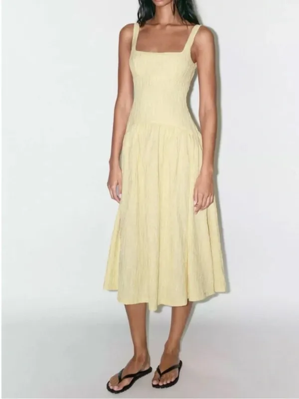 ZARA Textured Low Back Midi Dress in Vanilla Yellow Butter Size Medium - Image 2